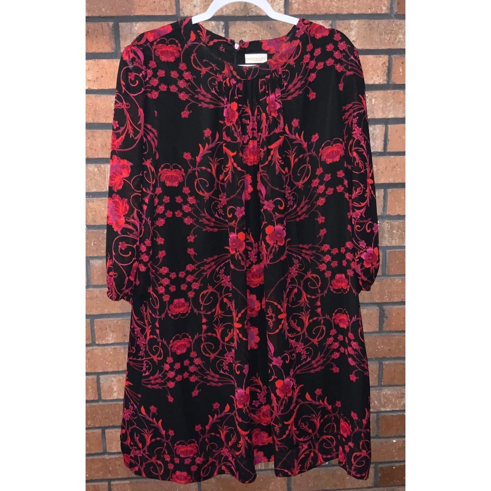 Eva Mendes New York & Company Red Pink Floral Black Shift Dress Long Sleeve XL